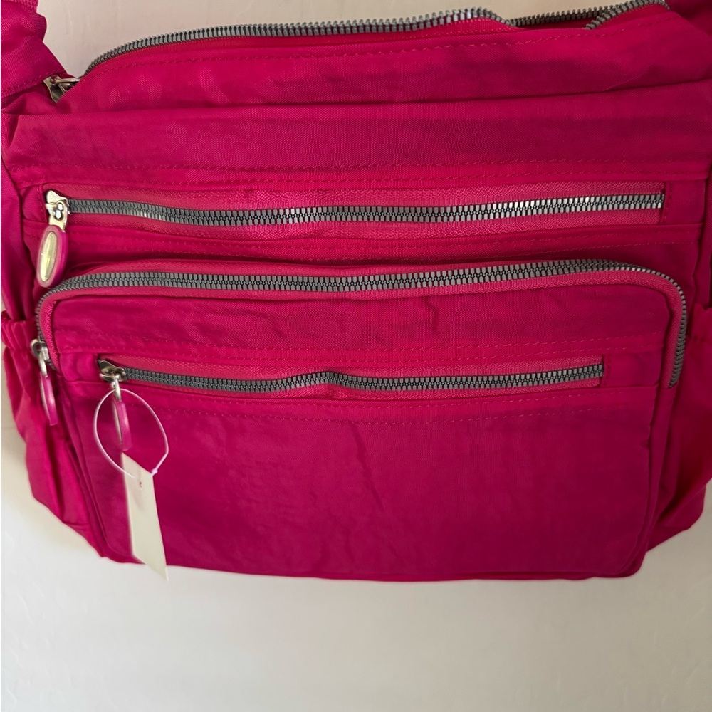 New Pink Nylon Crossbody Purse Bag Pockets Zippers Bright SIDE POCKETS - Picture 8 of 13